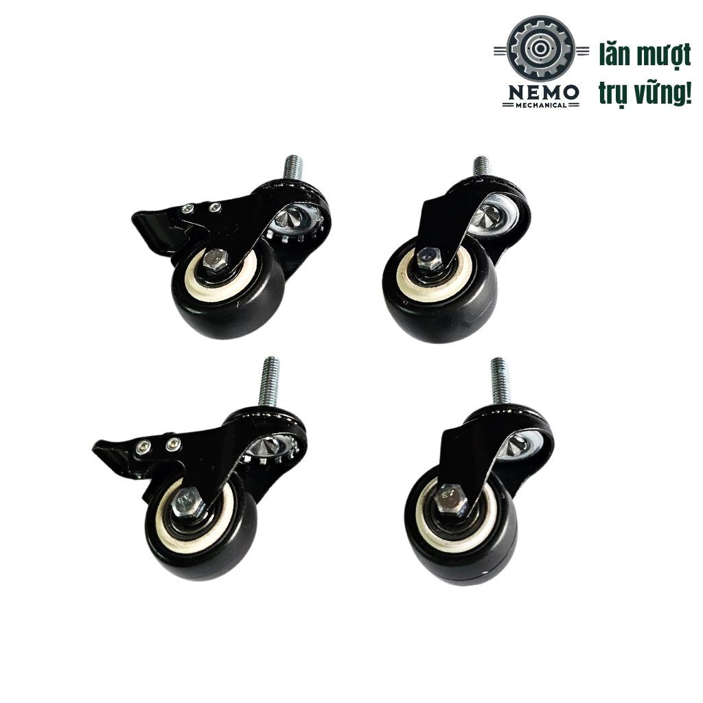 Bánh xe đẩy hàng đen trắng, loại cọc vít, có bạc đạn, đường kính bánh 4cm và 5cm, 40-50kg/1bánh